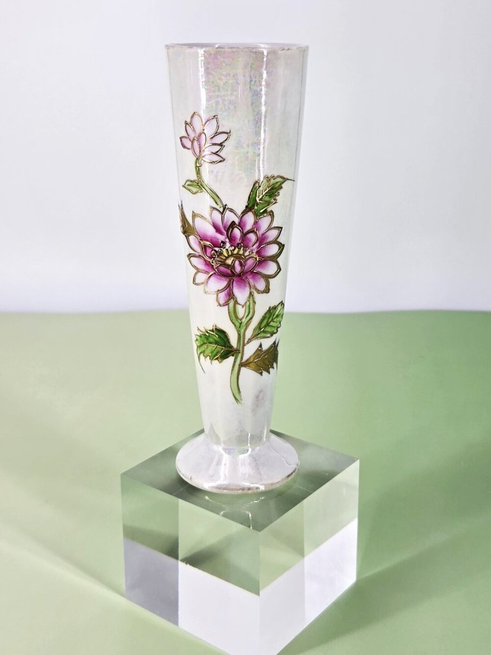 VTG Iridescent Coronet Porcelain Vase Hand Painted Pink Chrysanthemum Gold Trim